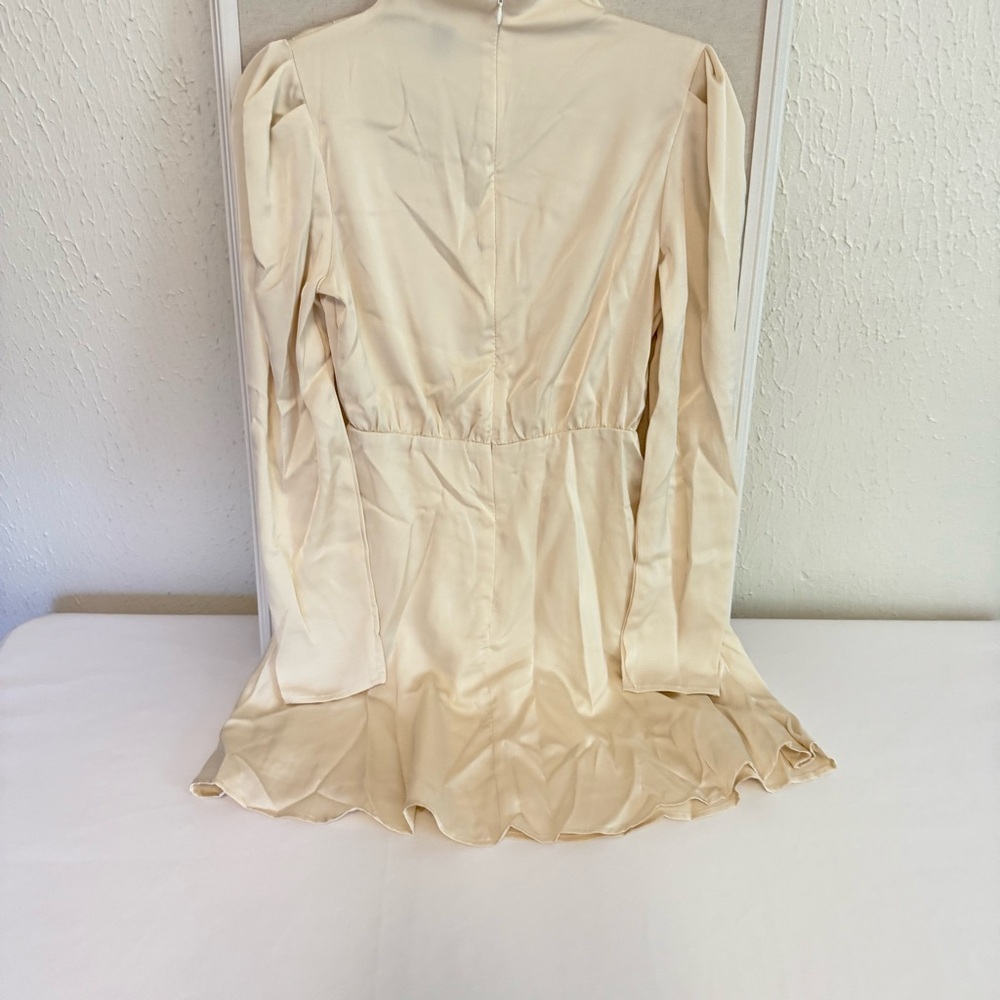 Cream Long Sleeve mock neck satin Dress - Picture 6 of 7